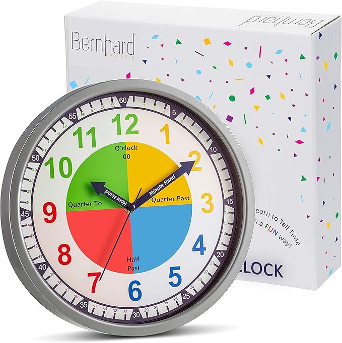 Bernhard Products Colorful Kids Wall Clock Teaching Time Telling Silent Non-Ticking Educational Learning Tool, Colored Numbers for Children Teachers Homeschool and Parents, School Classroom Playroom