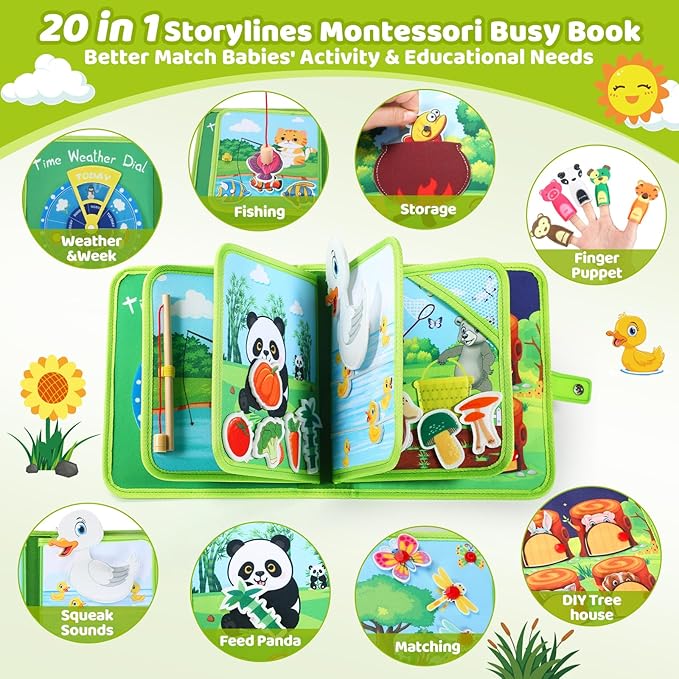 Busy Book for Toddlers 1-3, Montessori Toys Busy Board for 1 Year Old, Upgraded Composite Fabric Animal Forest Quiet Book with Fishing Game, Airplane Travel Essential Activities Birthday Gift Boy Girl