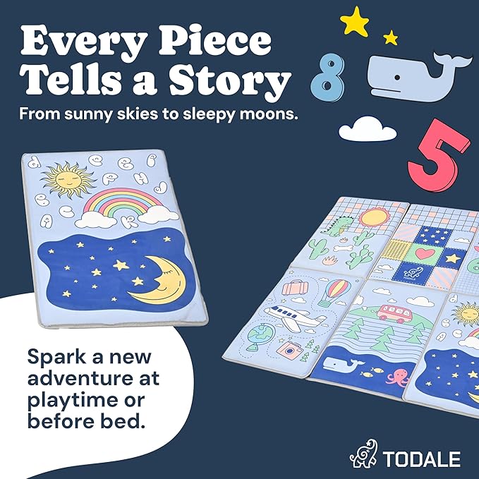 Todale Foldable Baby Play Mat, 50x50 Inch Padded Floor Mat for Infants and Toddlers, Non-Slip Waterproof Tummy Time Mat for Playpens, Educational Activity Area with Numbers and Animals