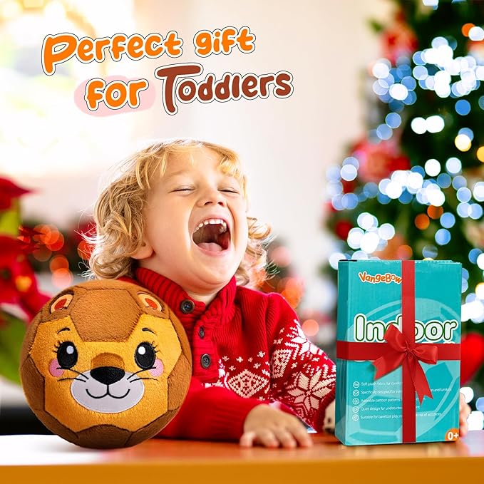 VangeBow Silent Indoor Soccer Balls for Toddlers 1-3, Inflatable Soft Plush Baby Toddler Soccer Ball Toys Gifts for 1 2 3 4 5 Year Old Boy Girl First Birthday Gift (Lion, Pump Include)