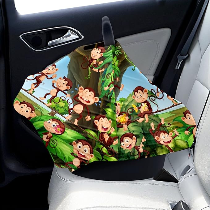 Baby Car Seat Stroller Covers Forest Cute Monkeys Nursing Cover Breastfeeding Scarf Soft Breathable Stretchy Infant Car Canopy Coverage Carseat Cover for Boys and Girls Multi Use