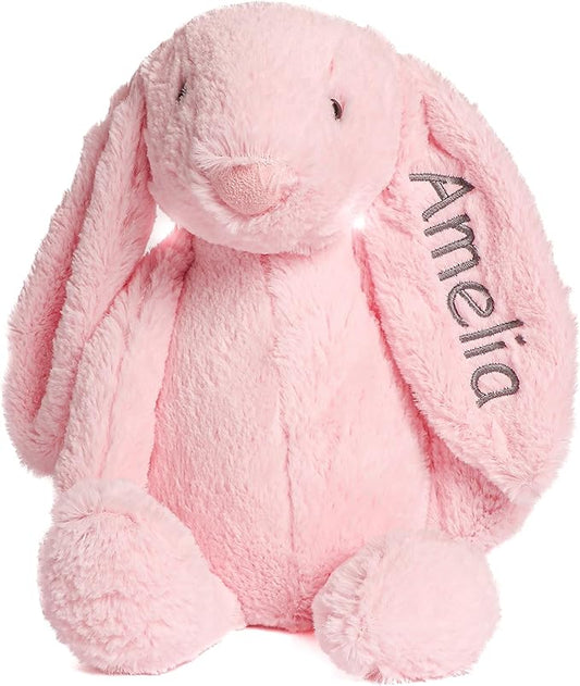 Personalized Super Soft Plush Bunny - Stuffed Animal Toy for Kids - Custom Gift with Embroidered Name on Ear for Easter, (Pink, Medium)