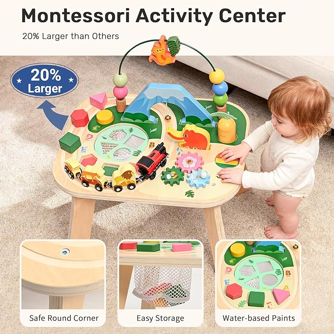 WINGYZ Activity Table for 1 Year Old Toddler, 9-in-1 Multi-Colorful Wooden Montessori Toys, Baby Play Table with Bead Maze Shape Sorter Train Toy, Educational Gifts for 12 Months+ Kids Boys Girls