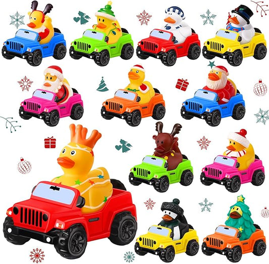 24 Pcs Christmas Rubber Ducks for Jeeps, 3.5 Inch Ducks for Ducking, Off-Road Vehicles Suitable for 2 Inch Ducks, 12 Christmas Rubber Ducks with 12 Cars, Bath Toy Christmas Party Favors Gifts