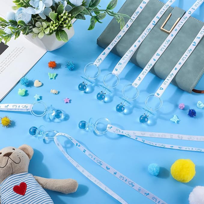 Junkin 60 Pieces Baby Shower Pacifiers Necklace Acrylic Pacifiers Necklace Charm for Girls Boys Baby Shower Party Favors Decorations, Boy Style(Blue, White)