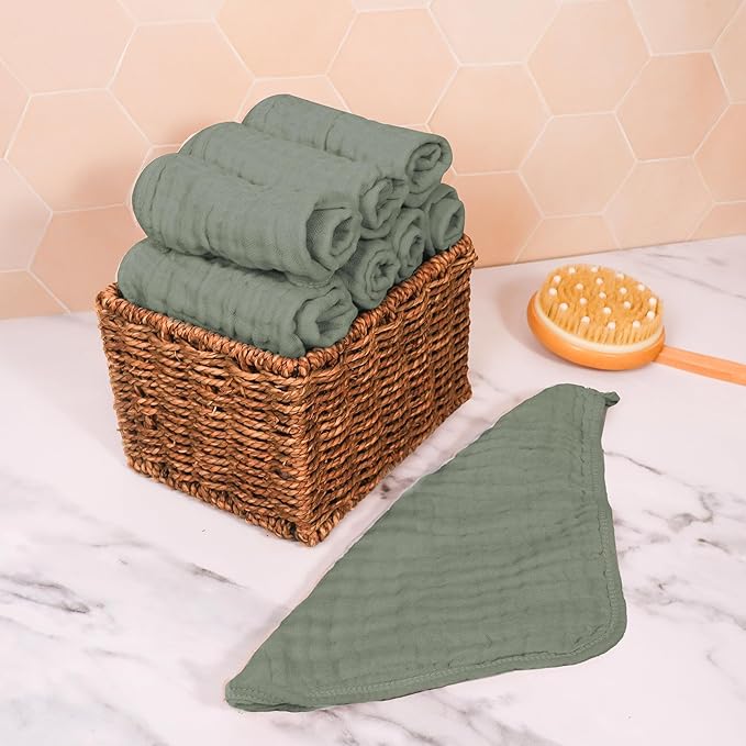 100% Cotton Baby Burp Cloths 10"x10" (8 Pack) Snuggle Comfort Muslin Washcloths - Newborn Baby Must Haves & Registry Gifts - Easy to Clean Cloth for Babies, New Born Boy & Girl (Fern)