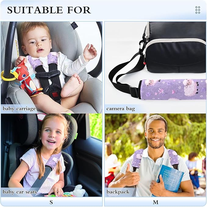 2 Pack Seatbelt Covers Seat Belt Cover Pad for Adults Boys Girls Car Seat Strap Covers Pads Cushion Universal Shoulder Strap Pad Protector for Backpack Camera Bag 10x7.7Inch Purple Cute Floral Sheep