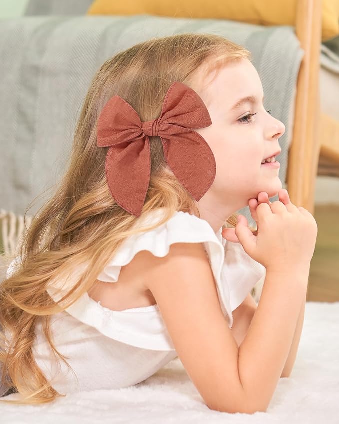 doboi 8PCS Baby Girls Hair Clips Fable Hair Bows Cotton Linen Bows for Girls Hair Accessories for Baby Toddlers Kids - Embroidery