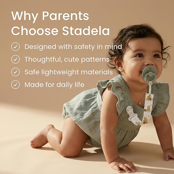 Stadela Baby Fabric Pacifier Clip Holder, Plastic Clip, 4‑Pack, Farm Pattern, Tractors Set