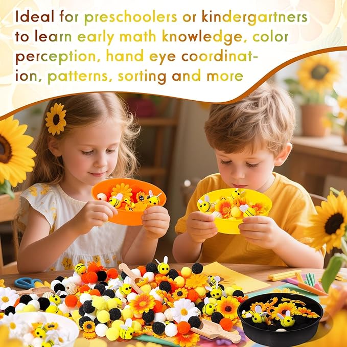 172 Pcs Sunflower Sensory Bin Filler Spring Summer Bee Honeycomb Counting Sorting Sensory Bin Items Fine Motor Sunflower Counts for Easter Day Spring Summer Sorting Counting Decor