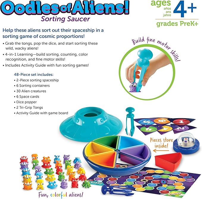 Learning Resources Oodles of Aliens Sorting Saucer - Board Stacking Games, Fine and Gross Motor Skills, Montessori Sensory Toys, Counting for Preschoolers, Homeschool, Gifts for Boys and Girls