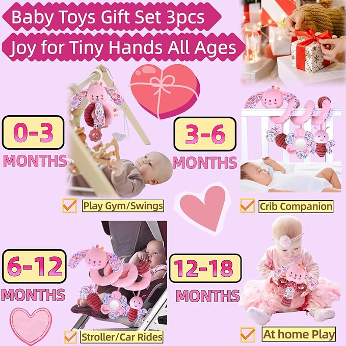 Baby Spiral Car Seat Toys for Babies 0-6 Months Girl, Stroller Hanging Stuffed Animal Carseat Crinkle Rabbit Toy 0-3-4-5-7-8-9-12 Month, Newborn Infant Gifts Easter Basket Stuffers Bunny 3PCS