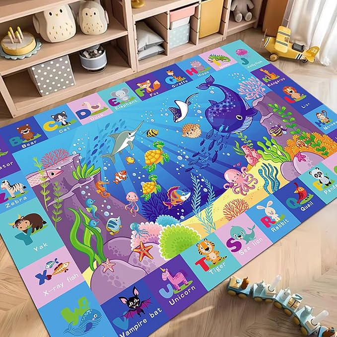 Baby Mat for Floor-Underwater World Play Rug, ABC Kids Rugs for Playroom, Ocean Playmat Crawling Tummy Time Mat, Non-Toxic Non-Slip Foldable Mats (59X39.4 INCH)