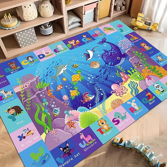 Baby Mat for Floor-Underwater World Play Rug, ABC Kids Rugs for Playroom, Ocean Playmat Crawling Tummy Time Mat, Non-Toxic Non-Slip Foldable Mats (59X39.4 INCH)