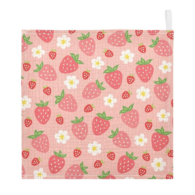 Moudou Strawberry Baby Muslin Washcloths 3 Pack, Absorbent Soft Cotton Baby Bath Face Towels Burp Cloths for Newborn Boys Girls, 12 x 12 Inch