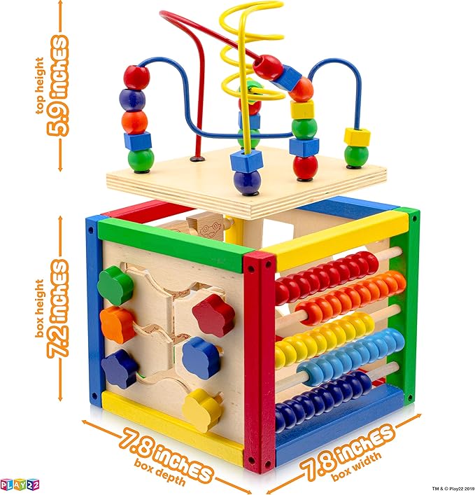 Play22 Wooden Activity Cube for Baby - 6 in-1 Baby Activity Play Cube with Bead Maze, Shape Sorter, Abacus Counting Beads, Counting Numbers, Sliding Shapes, Removable Bead Maze, 8Pcs Stacking Cups