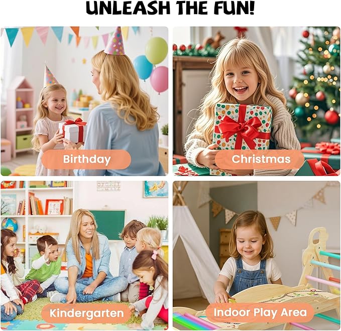 Pikler Triangle Climbing Set with Cushion, Foldable Climbing Toys Indoor, Montessori Toddler Gym, 10-in-1 Climber & Playground, Gift for Christmas, Birthday, New Year (Rainbow Valley)