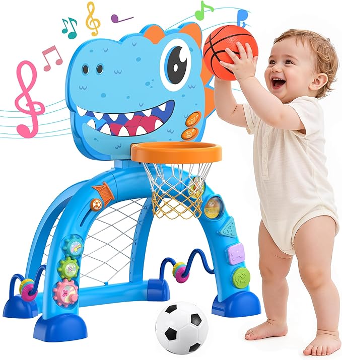Dinosaur Toys for 1 Year Old Boy and Girl, Twinkoo Basketball Hoop & Soccer Goal Montessori Toys with Sound and Music for Baby 12-18 Months,Gift for 1 Year Old Boy Girl(Blue)