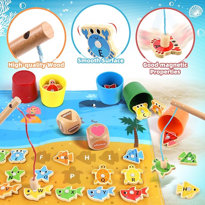 Wooden Toddler Toys Fishing Game: Montessori Sensory Toys for 1 2 3 Year Old Boys Girls - Birthday Baby Gifts for 1 2 3 Year Olds - Color Sorting Shape Learning for Kids