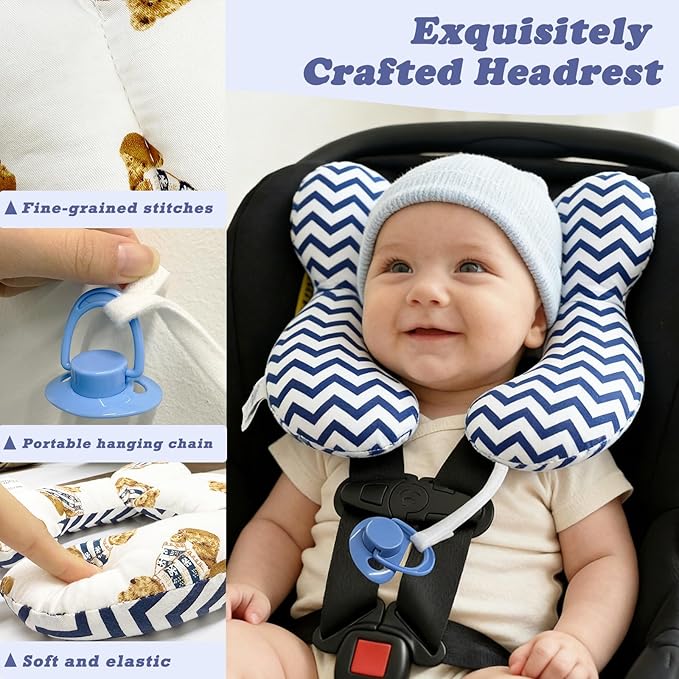 Toddler Travel Comfort Pillow for Car Seat and Stroller, Soft U-Shape Reversible Seat Accessory for Baby, Brown Bear