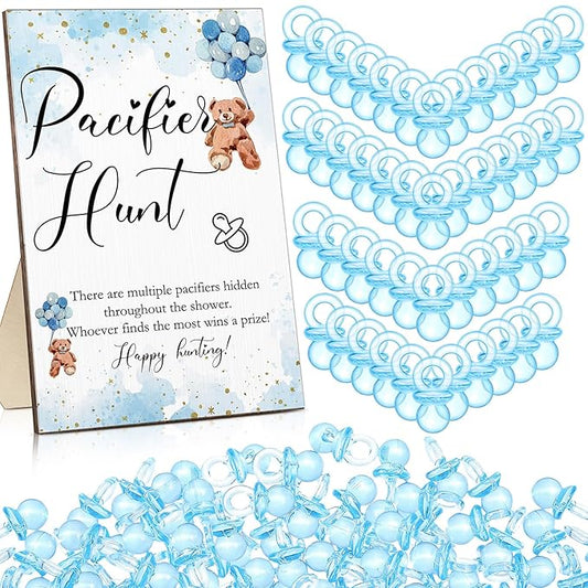 Roowest 51 Pcs Pacifier Hunt BabyShower Games Include Wooden Hunt Sign and 50 Acrylic Mini Plastic Pacifiers for BabyShower Game Decoration Gift Sets Gender Reveal Party(Bear,Blue)