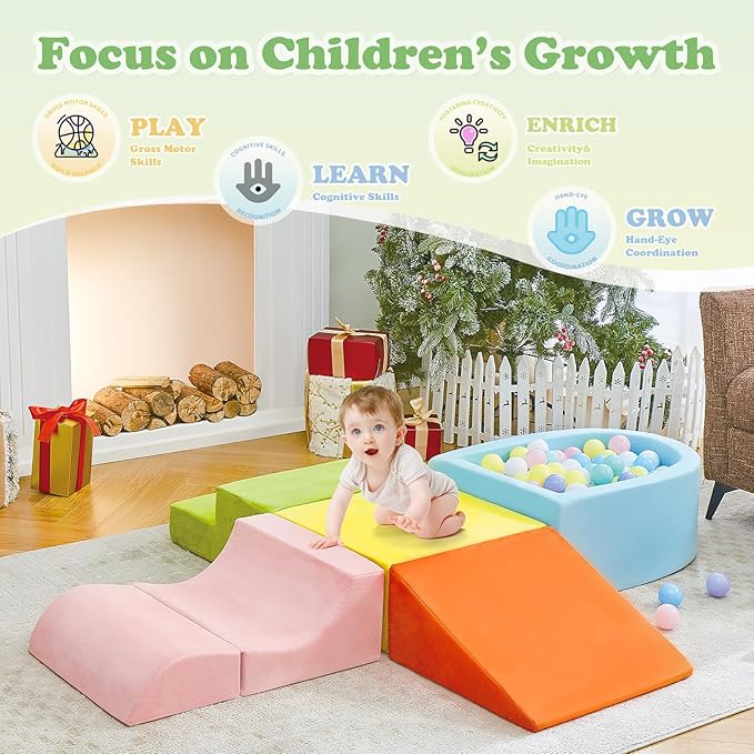 5-Piece Climbing Toys for Toddlers 1-3 , Baby Foam Blocks,Toddler Climbing Toys Indoor with Foam Ball Pit (Balls not Included), Soft Foam Climbing Blocks Set Indoor Play Gym for Crawling and Sliding
