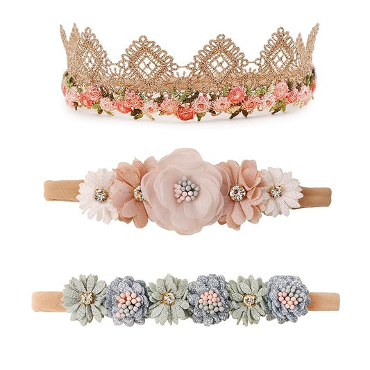 cherrboll 3pcs Baby Girl Headbands Flowers, Super Soft & Stretchy Nylon Floral Hairbands for Newborn Toddler
