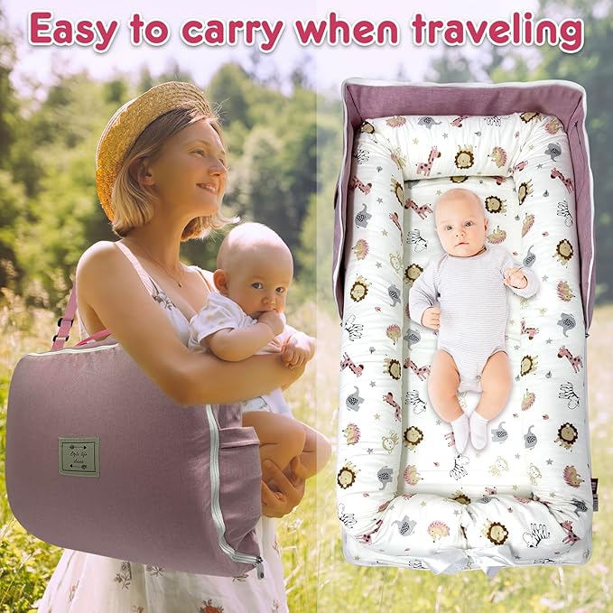 Baby Lounger, Foldable Portable Infant Lounger, Baby Nest Cover, Suitable for 0-24 Months Newborn Baby Lounger,Home Travel Dual-Purpose Baby Nest（Pink Zoo）