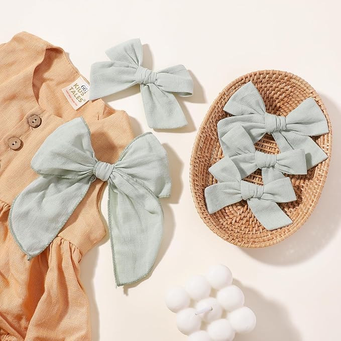 YHXX YLEN 5PCS Green Cotton Linen Hair Bows for Girls Handmade Alligator Clip Hair Accessories for Babies Infant Toddlers Kids(5inch×1, 4inch×2, 3.5inch×2)