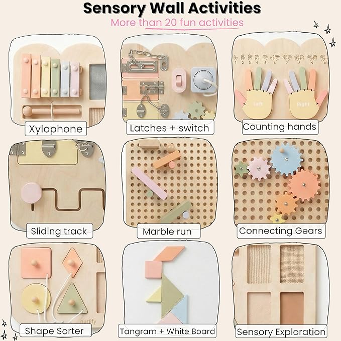 5 Panels, Wall Busy Board for Toddlers 2–7, 25-in-1 Montessori Wall Activity Board, Wooden Busy Board Wall Mounted, Sensory Wall Panel for Kids, Toddler wall Activity, Large Modular System