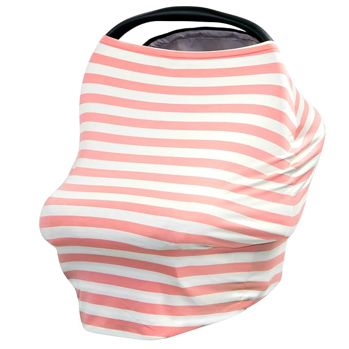 JLIKA Baby Car Seat Covers - Stretchy Infant Canopy and Nursing Cover for Breastfeeding Newborns Infants Babies Girls Boys Best Shower Gift Maternity Apron Scarf carseats (Peach Ivory Stripe)