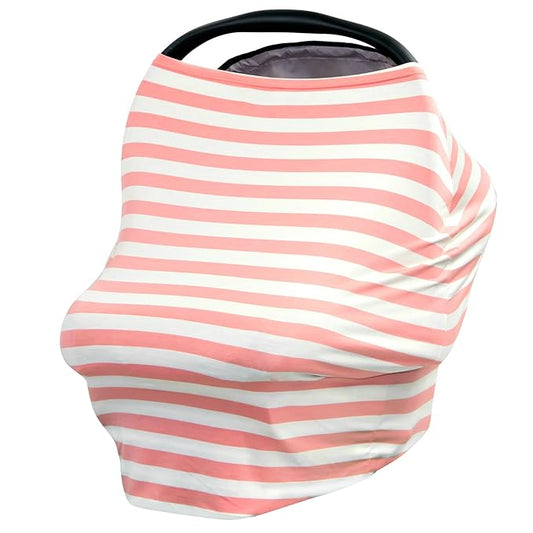JLIKA Baby Car Seat Covers - Stretchy Infant Canopy and Nursing Cover for Breastfeeding Newborns Infants Babies Girls Boys Best Shower Gift Maternity Apron Scarf carseats (Peach Ivory Stripe)