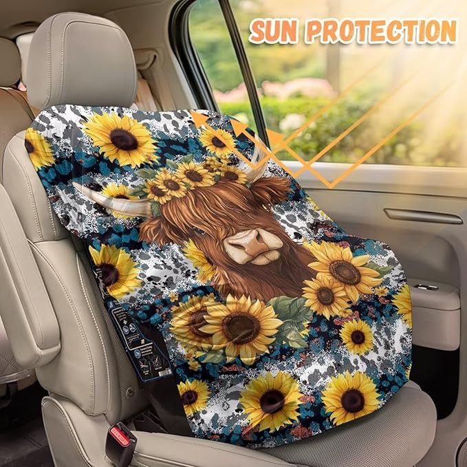 Car Seat Cover Baby Car Seat Sun Shade Cover - Highland Cow Leopard Sunflower Car Accessories Keep Your Baby's Carseat at a Cooler Temperature - Covers and Blocks Out Heat & Sun