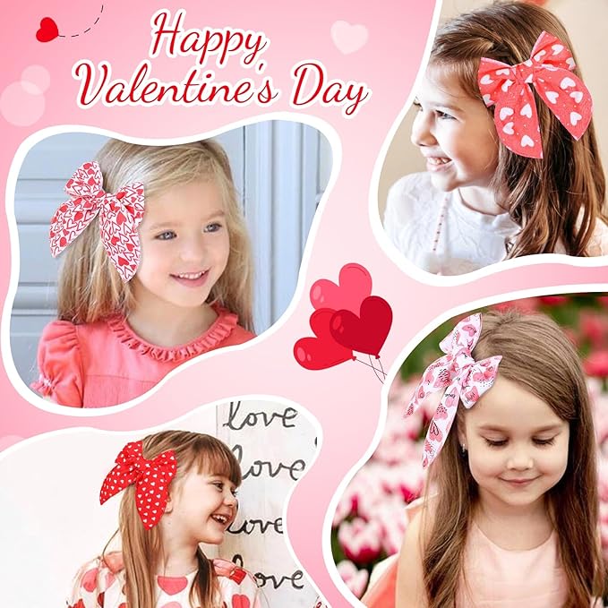 CN 7 PCS Valentine's Day Hair Bows for Girls, 4.5 Inch Red Toddler Bows Clips With Heart Love Lip Pattern Hair Accessories for Kids Party Decorations (Type B)
