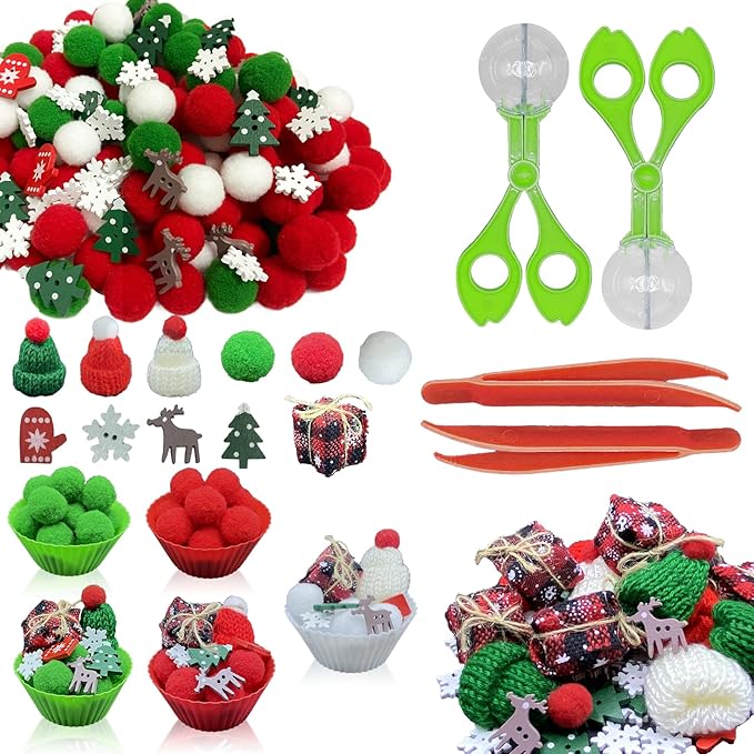 176 Pcs Christmas Sensory Bin Filler Fine Motor Toys Counting Sorting Winter Sensory Bin Items 100 Pom Poms 50 Wodden Ornaments 10 Xmas Knit Hats 5 Xmas Gift Boxes for Early Childhood Education