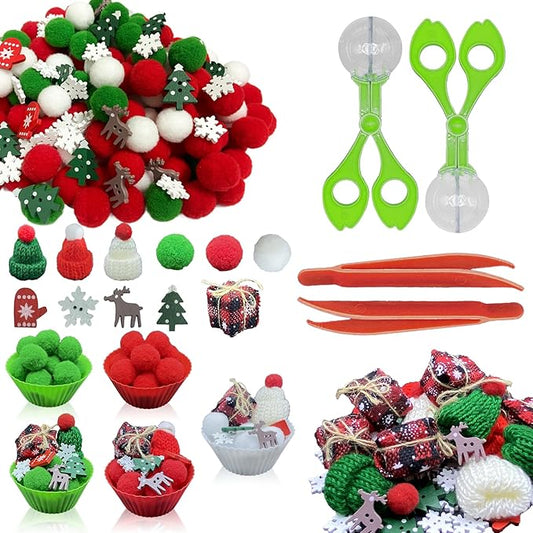 176 Pcs Christmas Sensory Bin Filler Fine Motor Toys Counting Sorting Winter Sensory Bin Items 100 Pom Poms 50 Wodden Ornaments 10 Xmas Knit Hats 5 Xmas Gift Boxes for Early Childhood Education