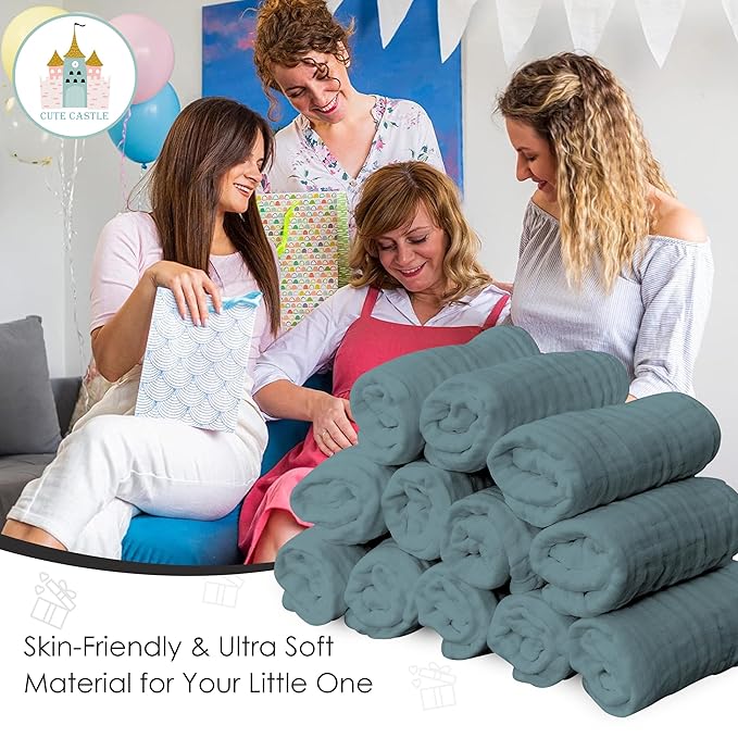 Cute Castle 12 Pack Muslin Baby Washcloths - Large 12'' by 12'' - Ultra Soft 100% Cotton - Super Absorbent Burp Cloths for Unisex, Boy, Girl -Dark Green