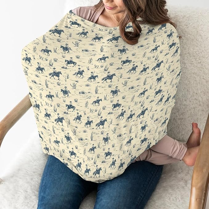Vintage Western Cowboy Baby Car Seat Covers Retro Cowboy Cactus Horse Stretchy 5-in-1 Cover Adjustable Infant Carseat Canopy Cover Wild Desert Country Breathable Nursing Cover-Up