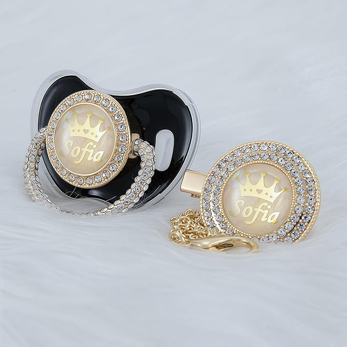 Personalized Name Anniversary All Bling Pacifier and Clip Set Gold Plated New Born Gift Photography No for Daily Use (Black)