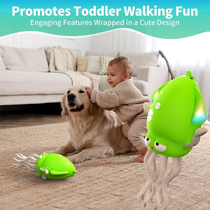 Interactive Dancing Octopus Toy,LED Light-Up Music Crawling Squid with Smart Obstacle Avoidance & Fishing Rod,Tummy Time Baby Toy,Musical Toy for 3 4 5 6 Year Old Boys and Girls(Fluorescent Green)