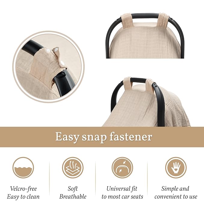 Meracorallo Muslin Baby Car Seat Cover, Lightweight Breathable Soft Infant Carrier Cover Carseat Canopy for Baby Boys and Girls, Pink & Beige
