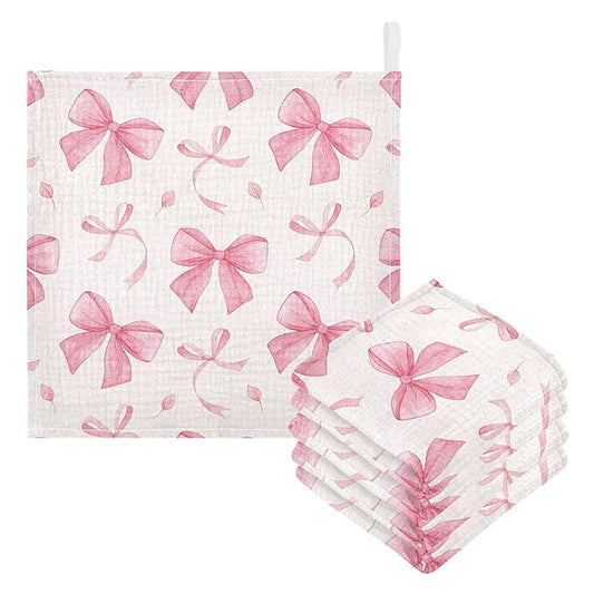 Burbuja Pink Bow Baby Washcloths - Muslin Cotton Soft Absorbent Baby Towel for Newborn Baby Sensitive Skin - Baby Essential Item, 12x12 in, 5 Pack