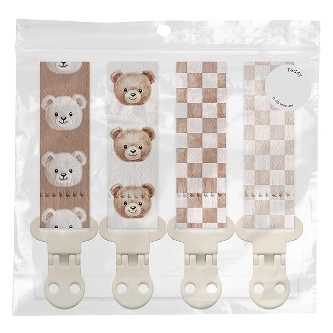 Baby Pacifier Clip Holder - Boy and Girl Unisex 4 Pack Gift Set – Vintage Neutral Checker Teddy Bear Beige and Brown