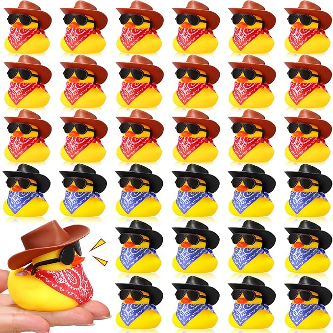 Sosation 36 Set Cowboy Rubber Duck Mini Yellow Duckies Bath Toy Tiny Ducks Bathtub Toy with Cowboy Hat Paisley Bandanas Sunglasses Dashboard Decor for Summer Baby Shower Birthday Party(Vintage Style)
