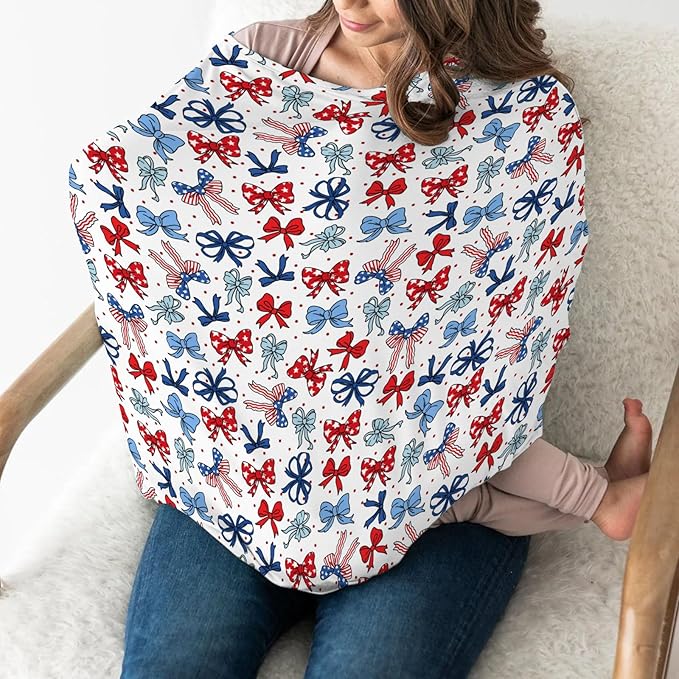American Flag Bows Stars Car Seat Cover for Baby Patriotic Ribbons Stretchy 5-in-1 Cover Adjustable Car Canopy Cover Cute 4th of July Bows Breathable Nursing Cover-Up