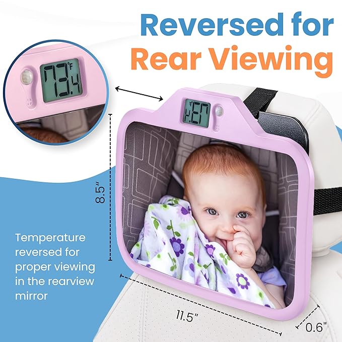 Theromirror - Baby Car Mirror with Temperature Display, Rear Facing Car Seat Mirror, Newborn Essentials, Wide Angle (Pink)