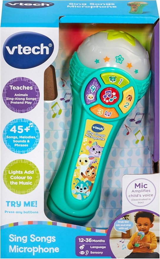VTech Baby Sing Songs Microphone, Interactive Microphone Toy with 4 Buttons for Animals, Sounds & Numbers, Flashing Lights & Music, Music Toy for Babies 12, 18, 24 Months +, English Version