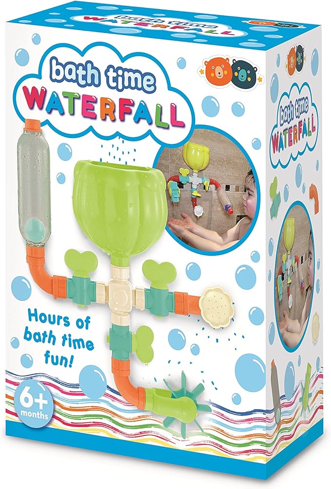 BUDDY & BARNEY Bath Time Waterfall Toddler Toy Set, Fun Early Learning Waterworks Building Set (11 Pieces), Bath Pipes with Valves & Water Wheel for Toddlers 6 Months+