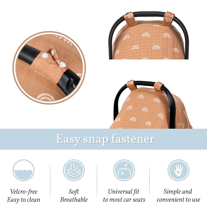 Meracorallo Muslin Baby Car Seat Cover, 2 Pack Lightweight Breathable Soft Infant Carrier Cover Carseat Canopy for Baby Boys and Girls, Rainbow & Beige