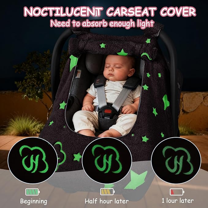 Car Seat Cover Baby Girls Boys, Soft Flannel Infant Carseat Cover with 2 Zipper Windows, Star Carrier Cover Canopy Glow in The Dark, Comfortable & Machine Washable, Hot Pink